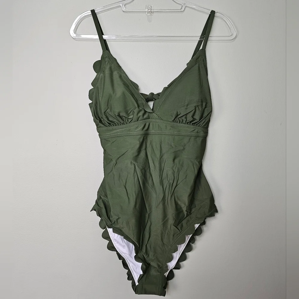 Women High Cut One Piece Swimsuit Scalloped Padded Swimwear Backless Bathingsuit